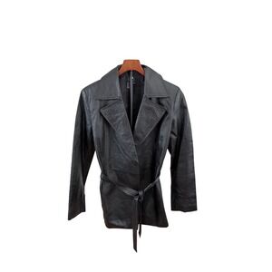 Vtg 90s Cami International Black Leather Belted Jacket Womens crop trench sz m